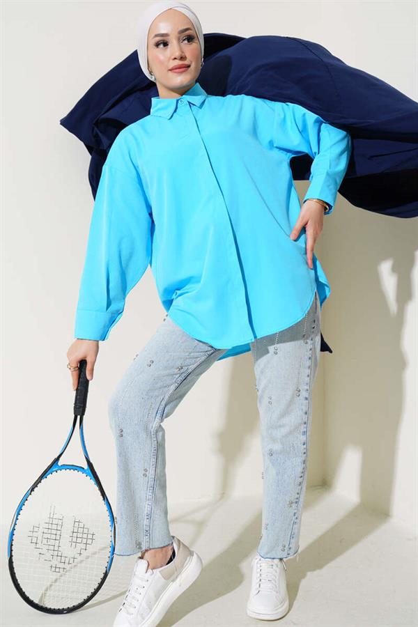 Hidden Button Basic Shirt Blue
