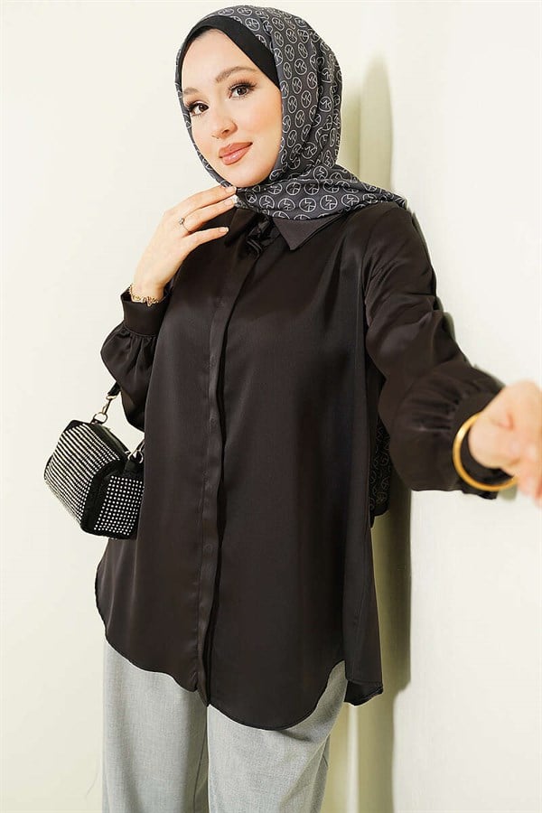 Basic Satin Shirt with Concealed Buttons, Dark Brown