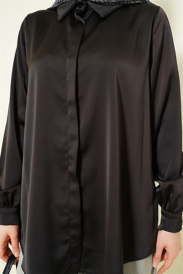 Basic Satin Shirt with Concealed Buttons, Dark Brown