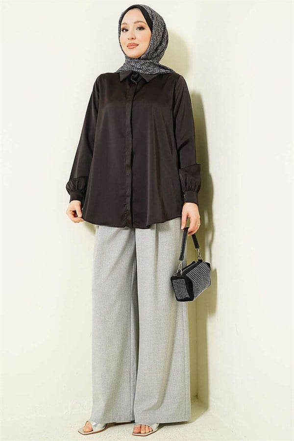 Basic Satin Shirt with Concealed Buttons, Dark Brown
