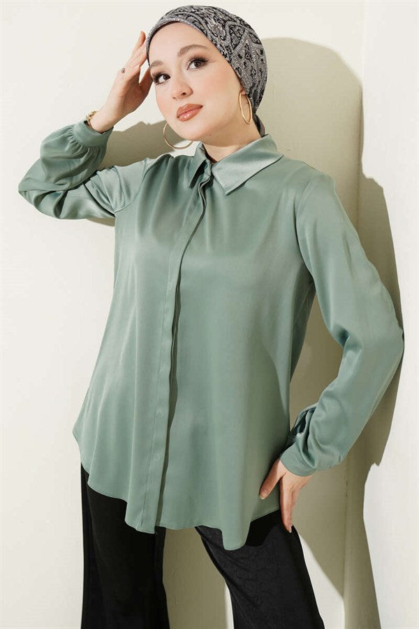 Basic Satin Shirt with Concealed Buttons, Light Green