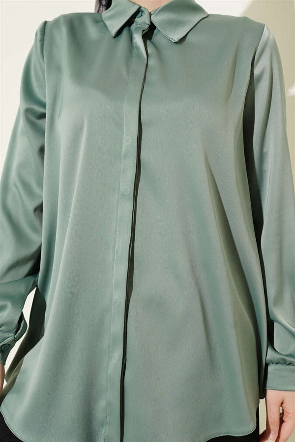 Basic Satin Shirt with Concealed Buttons, Light Green