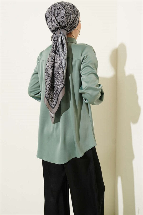 Basic Satin Shirt with Concealed Buttons, Light Green