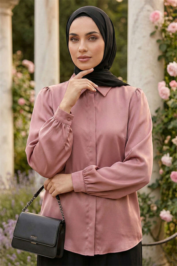 Hidden Button Basic Satin Shirt, Rose Pink