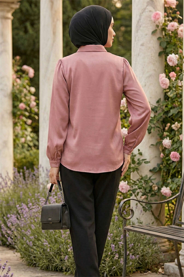 Hidden Button Basic Satin Shirt, Rose Pink