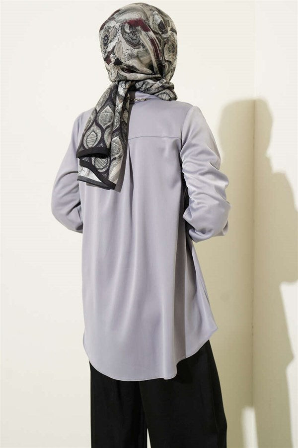 Concealed Button Basic Satin Shirt, Slate Grey