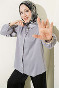 Concealed Button Basic Satin Shirt, Slate Grey