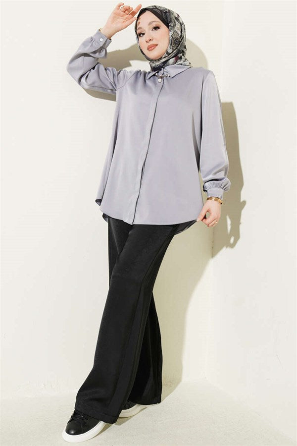 Concealed Button Basic Satin Shirt, Slate Grey