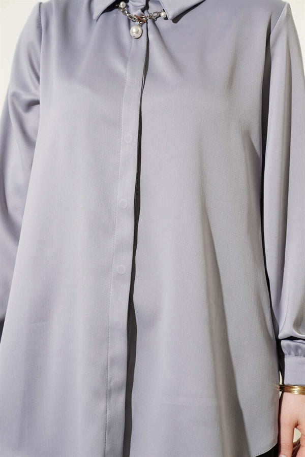 Concealed Button Basic Satin Shirt, Slate Grey