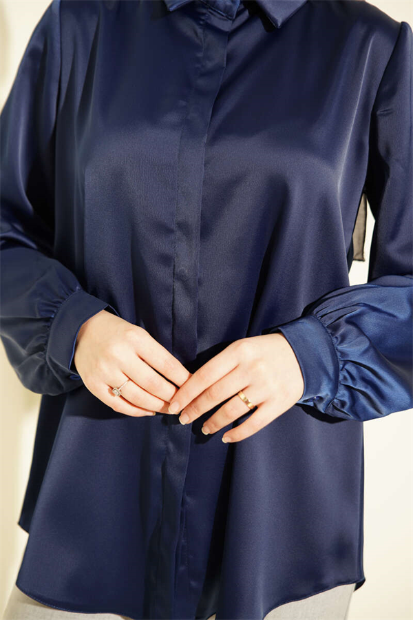 Basic Satin Shirt with Concealed Buttons, Navy Blue