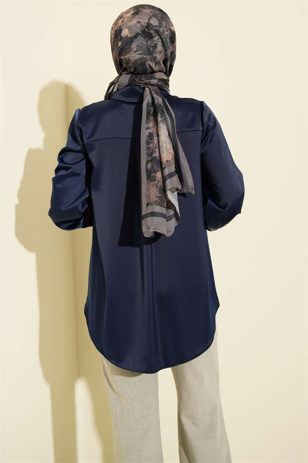 Basic Satin Shirt with Concealed Buttons, Navy Blue