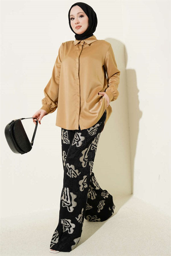 Concealed Button Basic Satin Shirt Latte