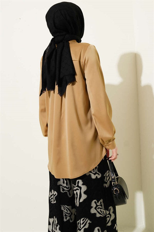Concealed Button Basic Satin Shirt Latte