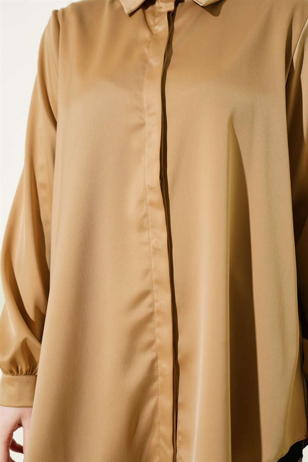 Concealed Button Basic Satin Shirt Latte