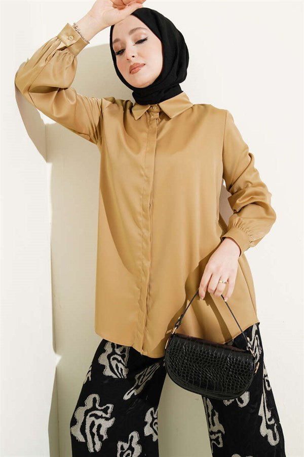 Concealed Button Basic Satin Shirt Latte