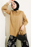 Concealed Button Basic Satin Shirt Latte