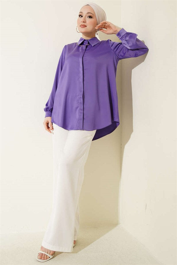 Basic Satin Shirt with Concealed Buttons, Lilac