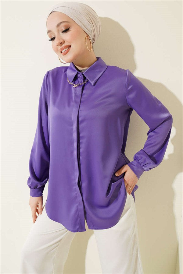 Basic Satin Shirt with Concealed Buttons, Lilac