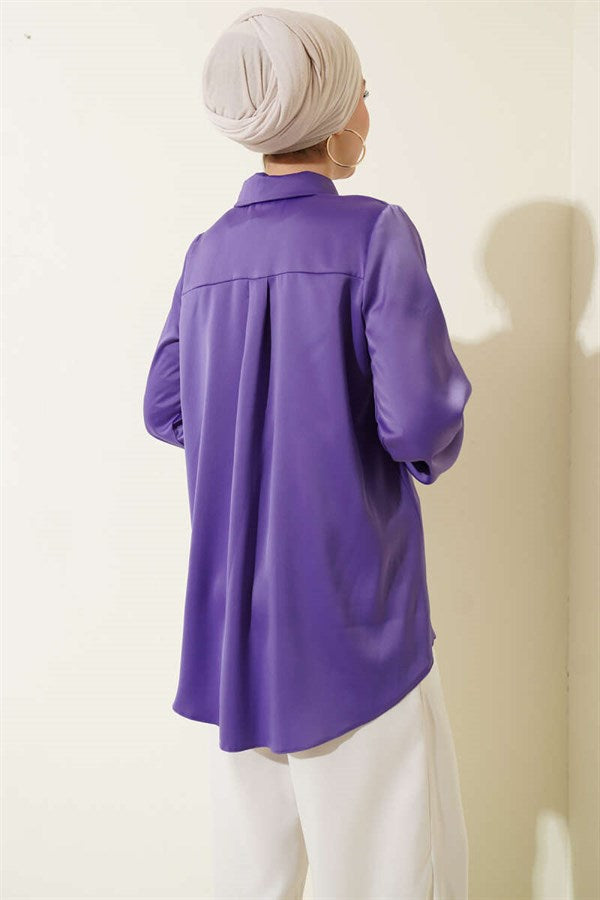 Basic Satin Shirt with Concealed Buttons, Lilac