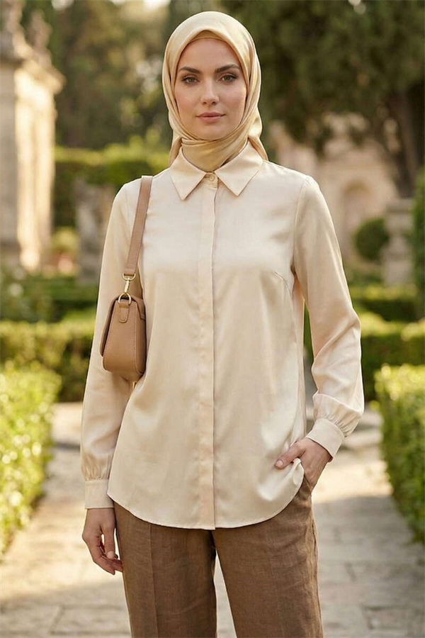 Basic Satin Shirt with Hidden Buttons (Stone)