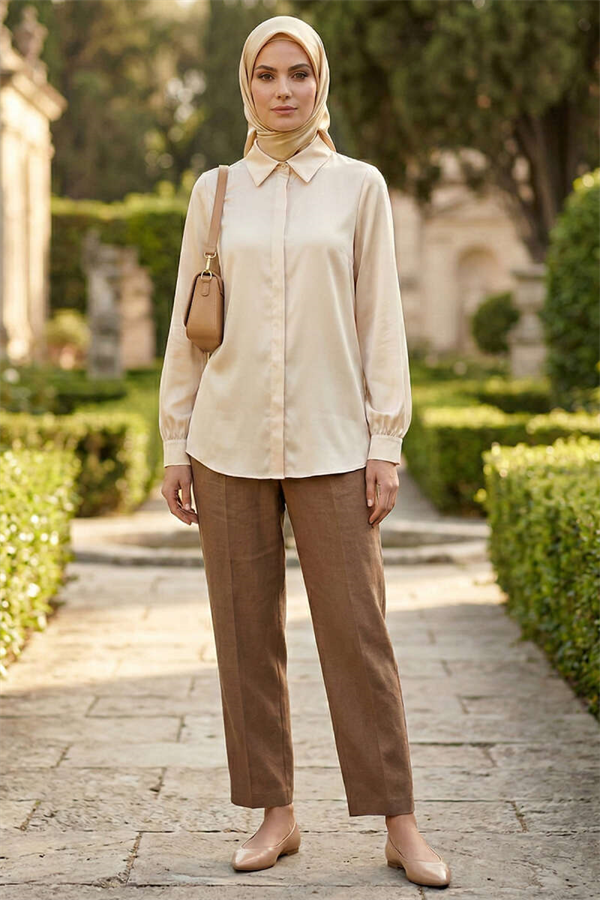 Basic Satin Shirt with Hidden Buttons (Stone)
