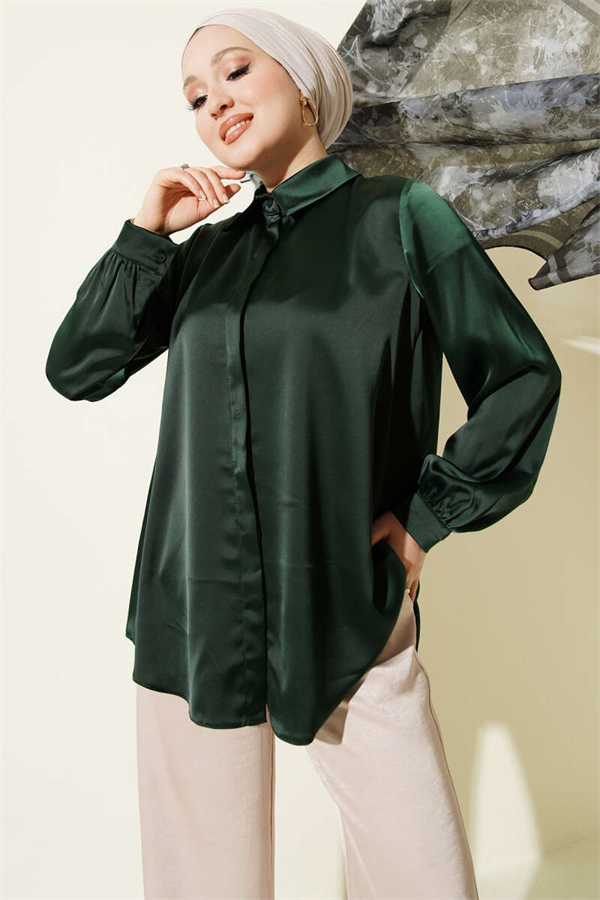 Hidden Button Basic Satin Shirt Emerald