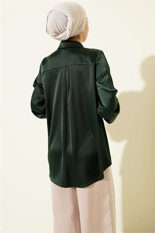 Hidden Button Basic Satin Shirt Emerald