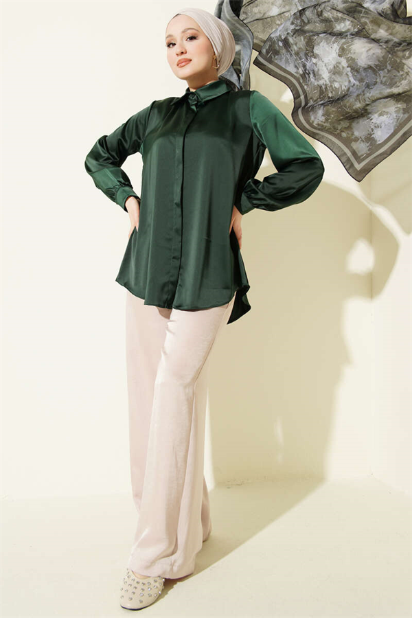 Hidden Button Basic Satin Shirt Emerald