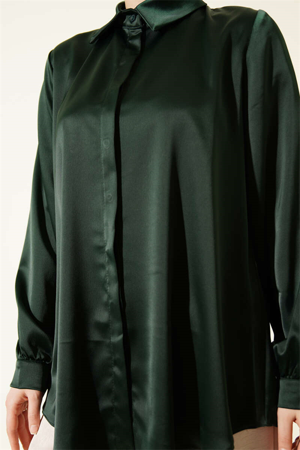 Hidden Button Basic Satin Shirt Emerald