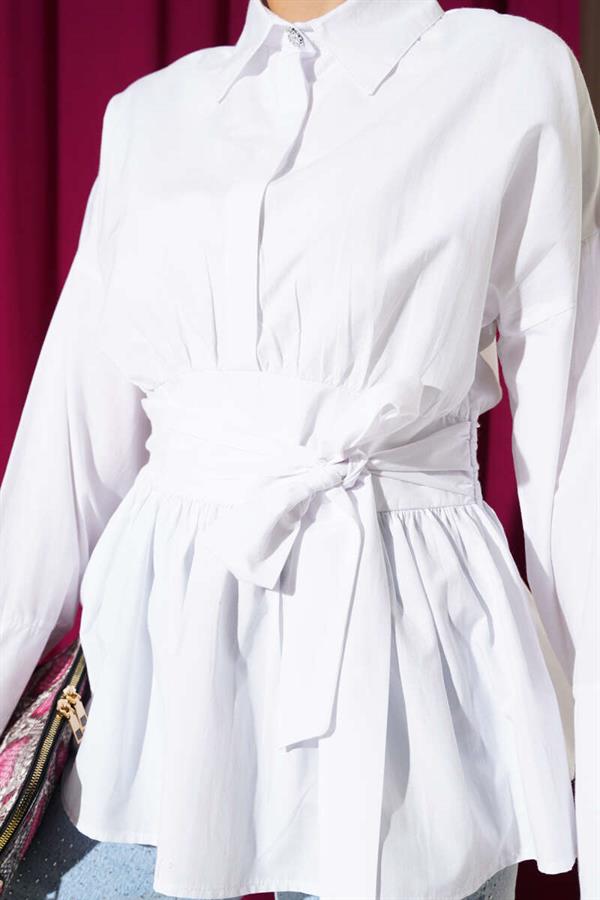 Hidden Button Waist Belted Shirt White