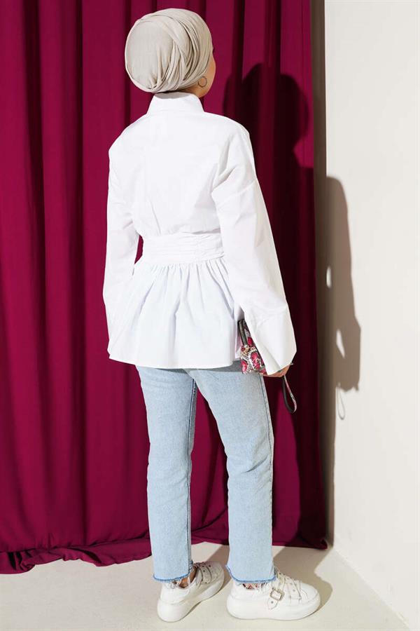 Hidden Button Waist Belted Shirt White
