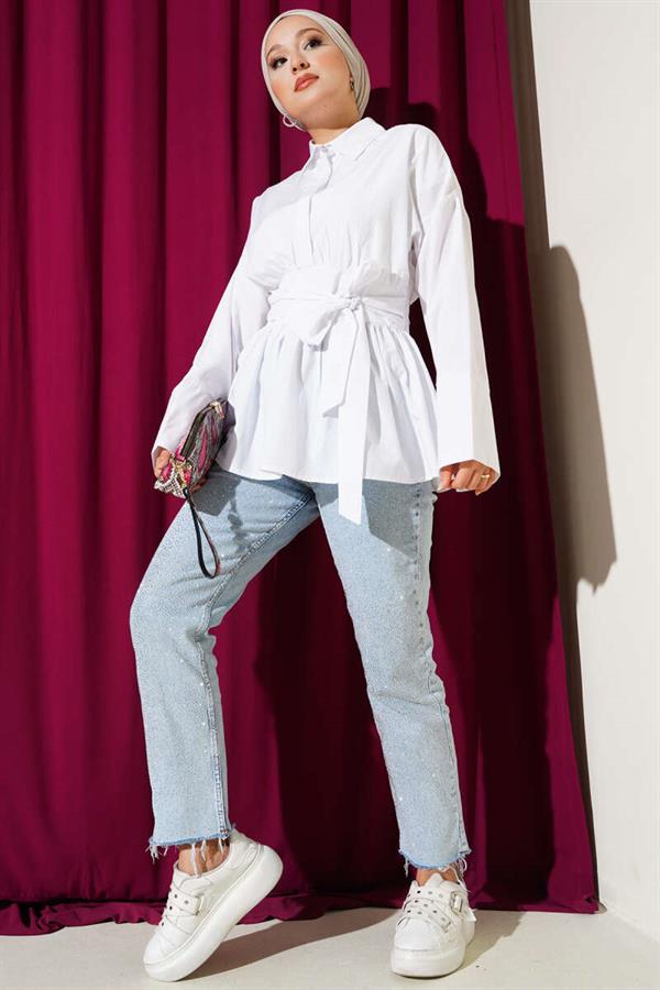 Hidden Button Waist Belted Shirt White