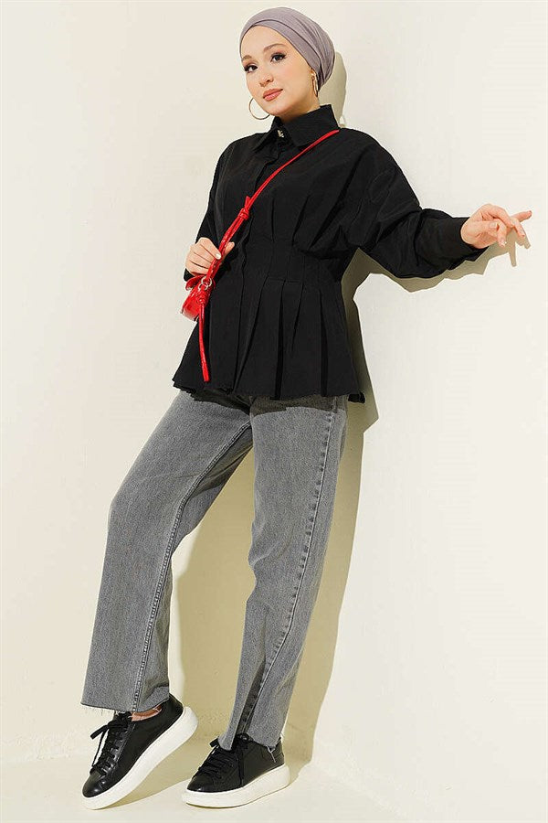 Black Shirt with Concealed Buttons and Waist Darts