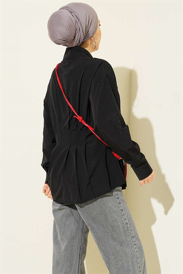 Black Shirt with Concealed Buttons and Waist Darts