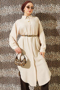 Long Shirt with Concealed Button Pockets, Beige