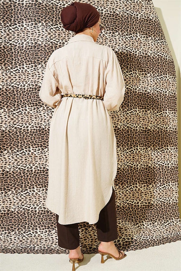 Long Shirt with Concealed Button Pockets, Beige