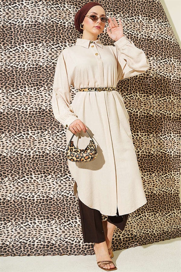 Long Shirt with Concealed Button Pockets, Beige