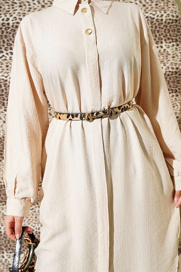 Long Shirt with Concealed Button Pockets, Beige