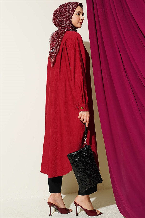 Long Shirt with Concealed Button Pockets, Burgundy