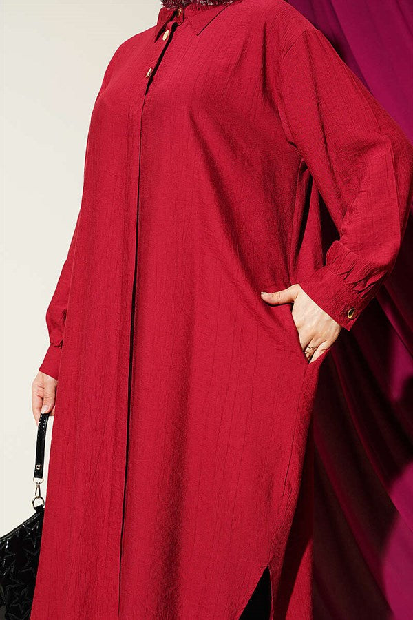 Long Shirt with Concealed Button Pockets, Burgundy