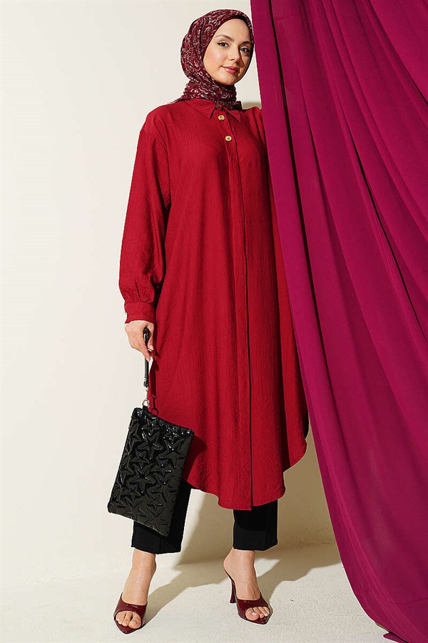 Long Shirt with Concealed Button Pockets, Burgundy