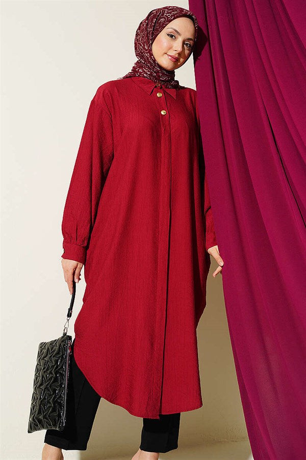 Long Shirt with Concealed Button Pockets, Burgundy