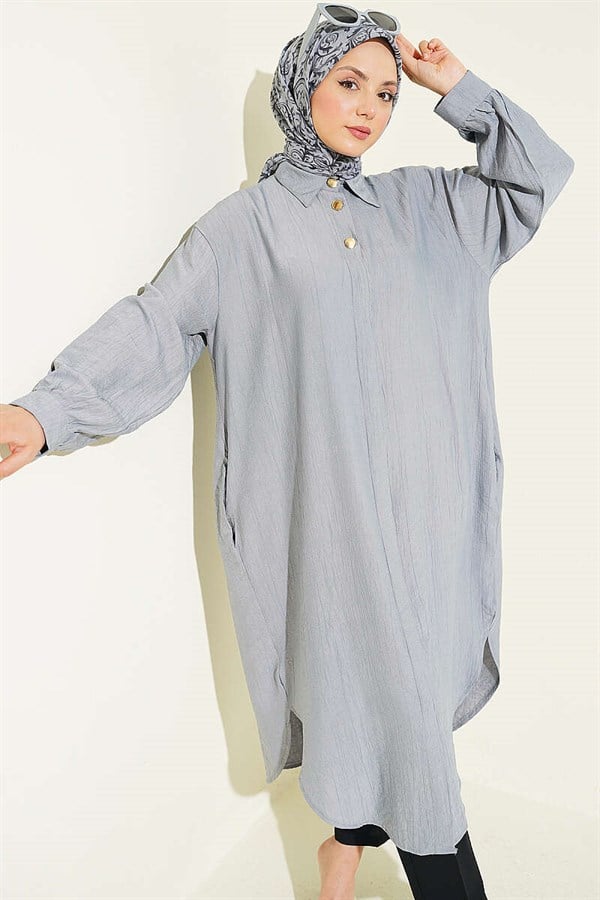 Grey Long Shirt with Concealed Button Pockets