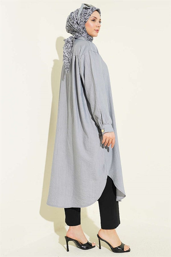 Grey Long Shirt with Concealed Button Pockets
