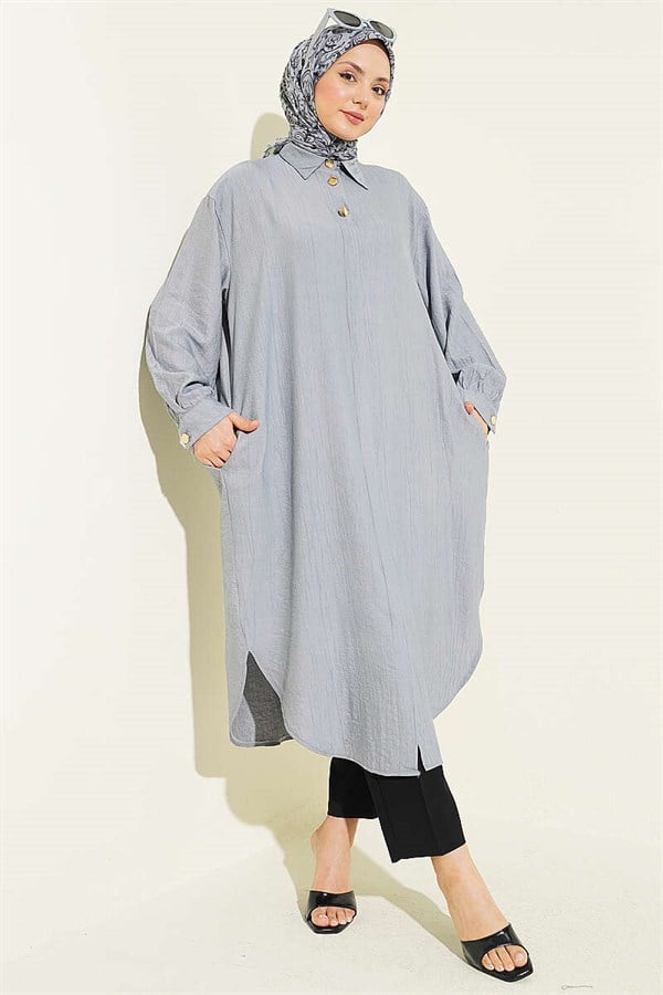 Grey Long Shirt with Concealed Button Pockets