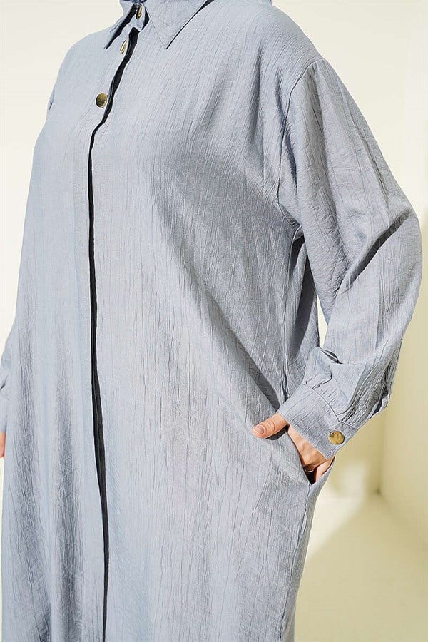 Grey Long Shirt with Concealed Button Pockets