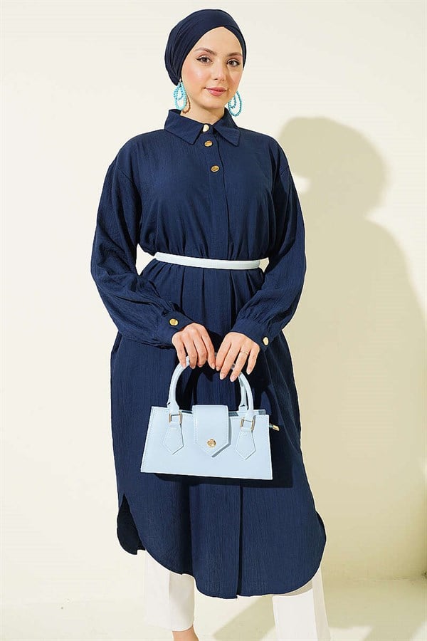 Navy Blue Long Shirt with Concealed Button Pockets