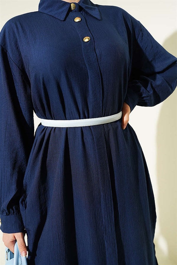 Navy Blue Long Shirt with Concealed Button Pockets