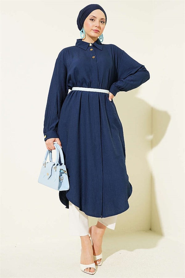 Navy Blue Long Shirt with Concealed Button Pockets