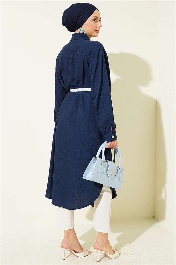 Navy Blue Long Shirt with Concealed Button Pockets